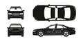 Black silhouette of police car. Front, side, back and side views. Patrol automobile drawing. Isolated blueprint