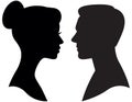 Black silhouette portrait of man and woman in profile head and shoulders vector illustration Royalty Free Stock Photo