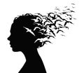 Black silhouette portrait of a pretty girl with birds flying from her head - thoughts, emotions or psychology concept