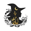 Silhouette of beautiful young witch with moon and wild herbs. Vector illustration