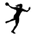 Black silhouette of a professional women's handball player who throws a ball jumping