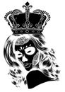 Black silhouette Queen of death. Portrait of a skull with a crown and long hair. vector Royalty Free Stock Photo