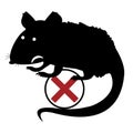 The black silhouette of a rat or mouse sits with a tail, paws and ears on a white background with a red cross