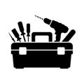 Black silhouette of a red toolbox filled with various drills and screwdrivers on white tools hardware Royalty Free Stock Photo