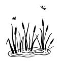 Black silhouette of reeds in swamp or pond with flying dragonflies. Vector illustration of water plants is isolated Royalty Free Stock Photo
