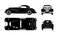 Black silhouette of retro car. Vintage cabriolet blueprint. Front, side, top and back view. Industrial isolated drawing Royalty Free Stock Photo