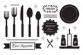 Black silhouette retro cutlery, salt and pepper shakers and bistro label icons set on white