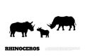 Black silhouette of a rhino family on a white background. Big rhinoceros. African animals Royalty Free Stock Photo