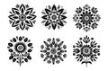 Black silhouette round symmetrical flowers. Scandinavian folk art vector illustration. Floral composition art drawing. Royalty Free Stock Photo