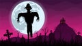 Black silhouette of scarecrow in the foreground in the middle of a cemetery with a haunted house on top of a mountain in the Royalty Free Stock Photo