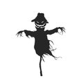 Black silhouette of scarecrow. Halloween party. Isolated image of garden monster. Scene with fantasy pumpkin Royalty Free Stock Photo