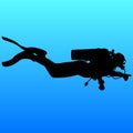 Black silhouette scuba divers on blue background