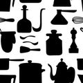 Black silhouette. Seamless pattern. Kitchen utensils set. Kitchenware, cookware, kitchen tools collection. Modern kitchen utensil