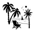 Black silhouette of seashore with palm trees, chair and seagulls. Vacation on ocean, summer seaside resort. Vector