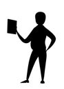 Black silhouette. Senior teacher, professor standing in front, and hold the educational material on paper. Cartoon character