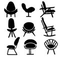 Black silhouette set of different wooden chairs for office home or yard flat vector illustration on white background Royalty Free Stock Photo