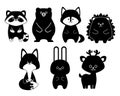 Black silhouette set of forest animals. Flat design for poster or t-shirt. Vector illustration Royalty Free Stock Photo