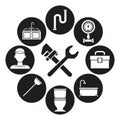 Black silhouette set icons plumbing with wrench tools cross