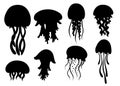 Black silhouette. Set of Sea jellyfish. Tropical underwater animal. Medusa aquatic organism, cartoon style design. Flat 