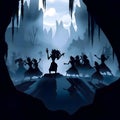 Black silhouette of shamans on dark background