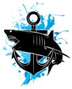 Black silhouette Shark, anchor. Stylish shark logo. Vector illustration
