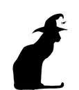 Black silhouette of sitting cat in witch hat isolated on white background Royalty Free Stock Photo