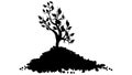 Black silhouette of small shoot of tree with leaves in pile of soil isolated on white. Design element