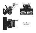 Black silhouette of snow blower. Top, side and front view. Winter hand tool for ice removal. Isolated plow machine Royalty Free Stock Photo