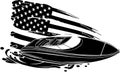 black silhouette of speedboat sea waves with american flag Royalty Free Stock Photo