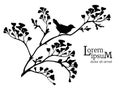 Black silhouette of spring flowering branch with bird. Floral design. Spring or summer background.