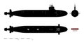 Black silhouette of submarine. Military ship. Top, front and side view. Battleship model. Industrial drawing. Warship Royalty Free Stock Photo