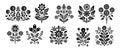 Black silhouette symmetrical flowers. Scandinavian folk art vector illustration. Floral composition art drawing. Royalty Free Stock Photo