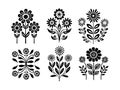 Black silhouette symmetrical flowers. Scandinavian folk art vector illustration. Floral composition art drawing. Royalty Free Stock Photo