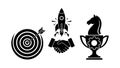 Black silhouette target with arrow rocket handshake launch and chess knight trophy concept vector icons Royalty Free Stock Photo
