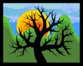 Black silhouette of a thick naked tree in a frame on a background of green mountains, a rising orange sun, blue sky