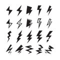 Black silhouette thunder and lightning bolt icons set on white