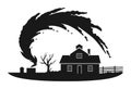 Black silhouette of a tornado approaching a farmhouse with a bare tree. Extreme weather and natural disaster scene