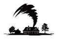 Black silhouette of a tornado touching down near a house with trees. Weather disaster and home danger concept vector