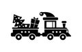 Black silhouette toy train and wagon with Christmas gift, tree, hat isolated on a white background. Royalty Free Stock Photo