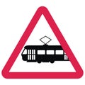 Black silhouette of tram at red triangle frame, vector icon, traffic sign Royalty Free Stock Photo