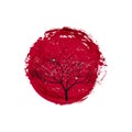 Black silhouette of a tree on the background of a large red circle. Royalty Free Stock Photo