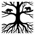 Black silhouette of a tree with roots and two panthers on branches white Royalty Free Stock Photo