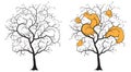 Black silhouette of a tree on a white background, among the branches hidden contours of a rooster, a hen and three chickens.