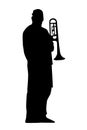 Black silhouette of a trumpeter on a white background. The musician stands at full height with a trumpet in his hand. Vector Royalty Free Stock Photo