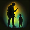 Black silhouette of a two boys on colorful background