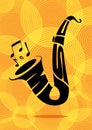 Black silhouette typography of a saxophone and notes on a yellow background