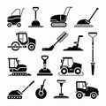 Black silhouette vector icons of construction and ground leveling tools equipment road roller Royalty Free Stock Photo