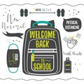 Black silhouette Welcome Back to School and new normal design with backpack, face mask, hand sanitizer, and washing hands icons