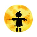 Black silhouette of a wgarden scarecrow on a background of a yellow moon. Hand drawn watercolor illustration isolated on Royalty Free Stock Photo