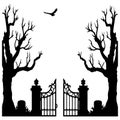 Black silhouette of open gate with bare trees and bird Royalty Free Stock Photo